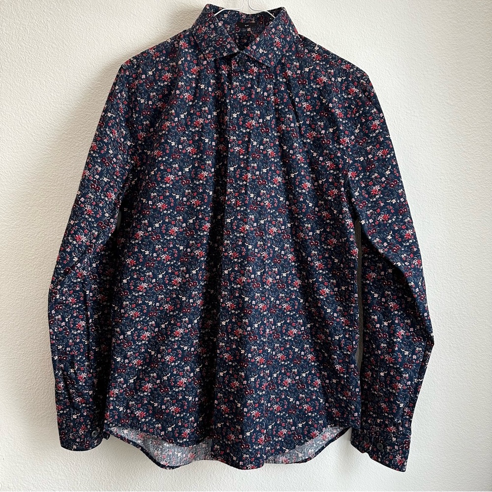 Express Men’s Slim Button Dress Shirt Blue Floral Small S 14 14.5